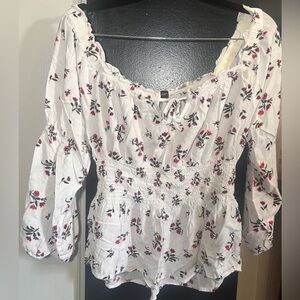 Almost Famous White Floral Smocked Blouse xl whimsigoth boho